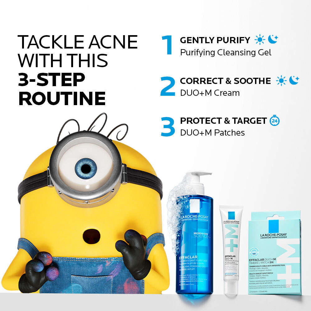 Tackle acne with this routine: 1 Purifying Cleansing Gel, 2 Duo+M Cream, 3 Duo+M Patches