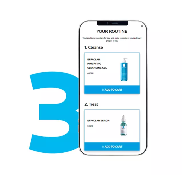 Un smartphone affichant une routine de soins de la peau quotidienne recommandee par La Roche-Posay, comprenant des produits pour nettoyer et traiter la peau.