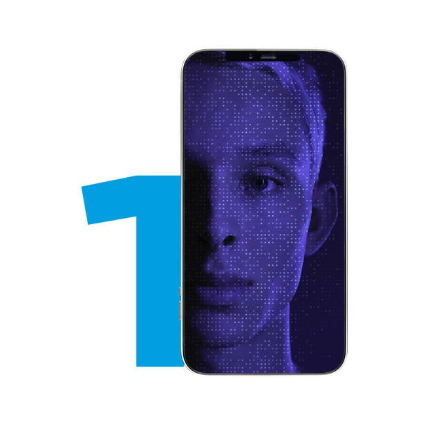A young man's face displayed on a smartphone screen, half in natural color and half overlaid with a blue digital mesh, representing a skin analysis tool.