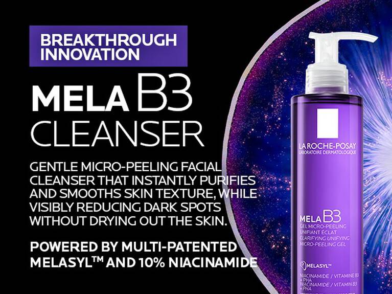 Mela B3 Micropeeling cleanser is powered by multi-patented Melasyl and 10% Niacinamide